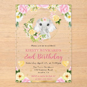Watercolor Cute Jungle Elephant Kids Birthday Acrylic Invitations