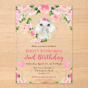 Watercolor Cute Jungle Elephant Kids Birthday Acrylic Invitations