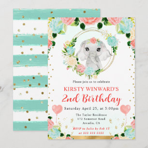 Watercolor Cute Jungle Elephant  Kids Birthday Invitation