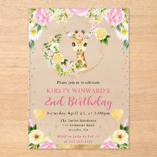 Watercolor Cute Jungle Giraffe Kids Birthday Acrylic Invitations
