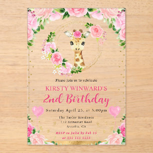 Watercolor Cute Jungle Giraffe Kids Birthday Acrylic Invitations