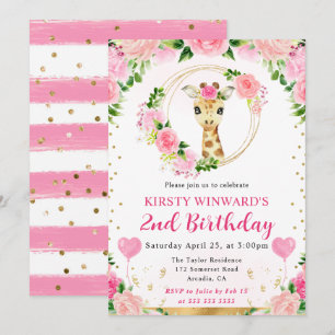 Watercolor Cute Jungle Giraffe Kids Birthday Invitation