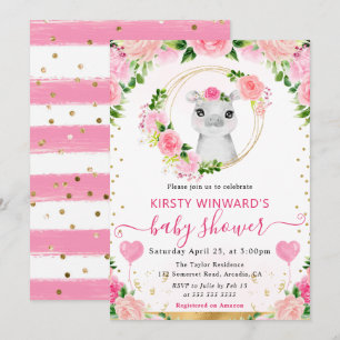 Watercolor Cute Jungle Hippo Baby Shower Invitation