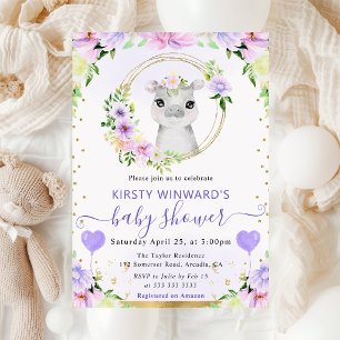 Watercolor Cute Jungle Hippo Baby Shower Invitation
