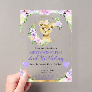 Watercolor Cute Jungle Lion Kids Birthday Acrylic Invitations