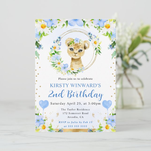 Watercolor Cute Jungle Lion Kids Birthday Invitation (Standing Front)
