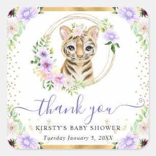 Watercolor Cute Jungle Tiger Floral Baby Shower Square Sticker