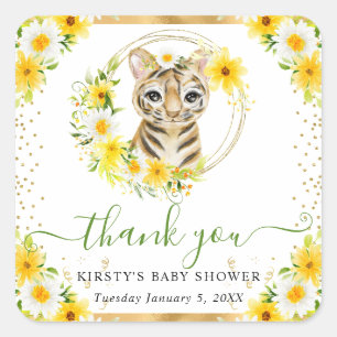 Watercolor Cute Jungle Tiger Floral Baby Shower Square Sticker