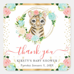 Watercolor Cute Jungle Tiger Floral Baby Shower Square Sticker