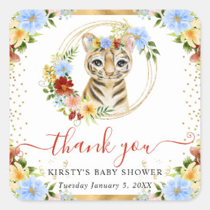 Watercolor Cute Jungle Tiger Floral Baby Shower Square Sticker
