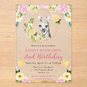 Watercolor Cute Jungle Zebra Kids Birthday Acrylic Invitations