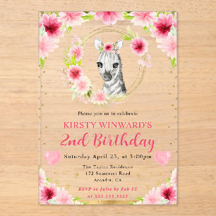 Watercolor Cute Jungle Zebra  Kids Birthday Acrylic Invitations
