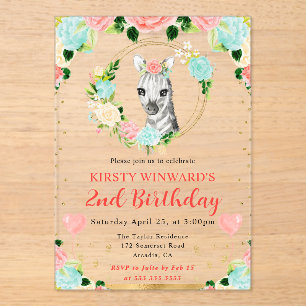 Watercolor Cute Jungle Zebra Kids Birthday Acrylic Invitations