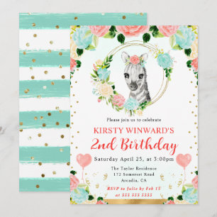 Watercolor Cute Jungle Zebra Kids Birthday Invitation