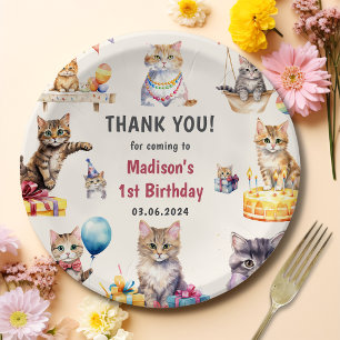 Watercolor Cute Kitty Cat 1st Birthday Paper Plate