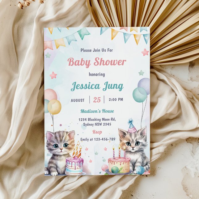 Watercolor Cute Kitty Cat Baby Shower Party  Invitation (Creator Uploaded)