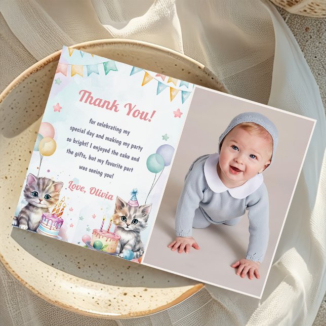 Watercolor Cute Kitty Cat Birthday Thank You Card (Creator Uploaded)
