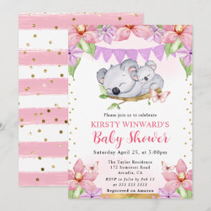 Watercolor Cute Koalas & Flowers Baby Shower Invitation