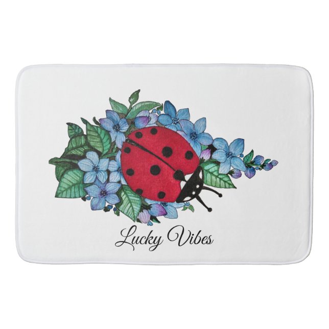 Watercolor Cute Ladybird With Blue Wild Flowers Bath Mat (Front)