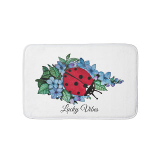Watercolor Cute Ladybird With Blue Wild Flowers Bath Mat
