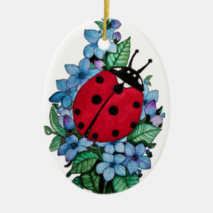Watercolor Cute Ladybird With Blue Wild Flowers Ceramic Tree Decoration