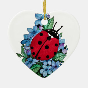 Watercolor Cute Ladybird With Blue Wild Flowers Ceramic Tree Decoration