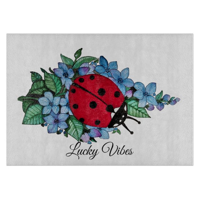 Watercolor Cute Ladybird With Blue Wild Flowers Cutting Board (Front)