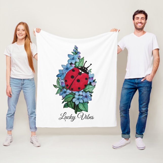 Watercolor Cute Ladybird With Blue Wild Flowers Fleece Blanket (In Situ)