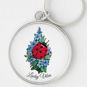 Watercolor Cute Ladybird With Blue Wild Flowers Key Ring