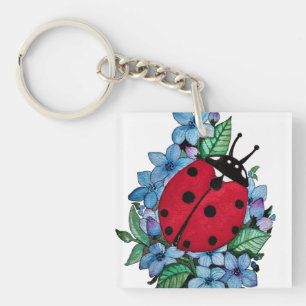 Watercolor Cute Ladybird With Blue Wild Flowers Key Ring