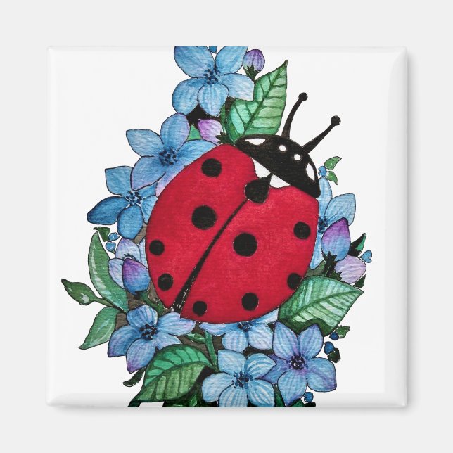 Watercolor Cute Ladybird With Blue Wild Flowers Magnet (Front)