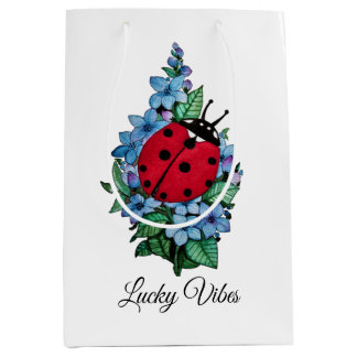 Watercolor Cute Ladybird With Blue Wild Flowers Medium Gift Bag