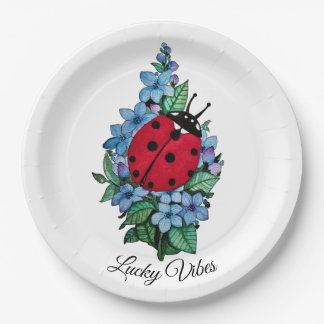 Watercolor Cute Ladybird With Blue Wild Flowers Paper Plate