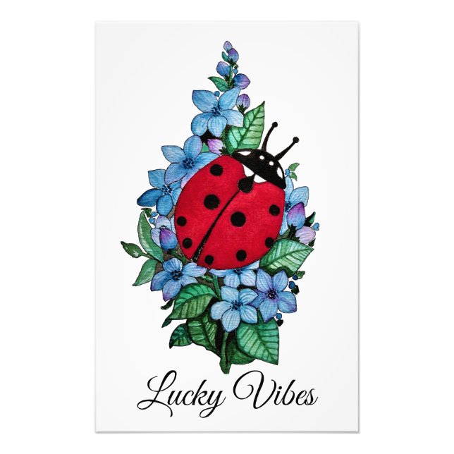 Watercolor Cute Ladybird With Blue Wild Flowers Photo Print (Front)