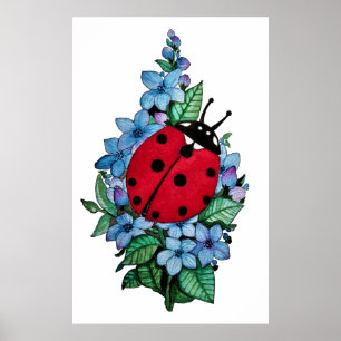 Watercolor Cute Ladybird With Blue Wild Flowers Poster