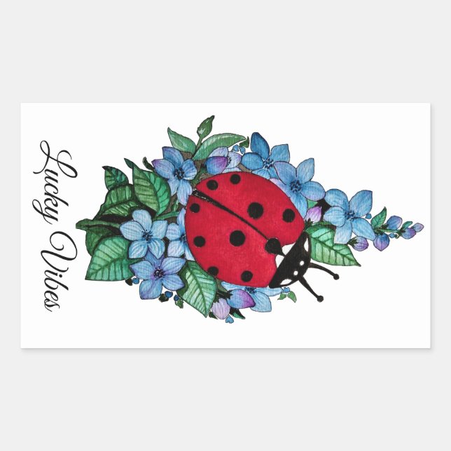 Watercolor Cute Ladybird With Blue Wild Flowers Rectangular Sticker (Front)