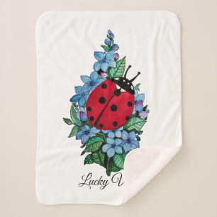 Watercolor Cute Ladybird With Blue Wild Flowers Sherpa Blanket