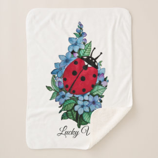 Watercolor Cute Ladybird With Blue Wild Flowers Sherpa Blanket