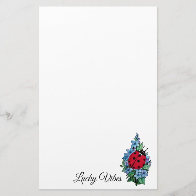 Watercolor Cute Ladybird With Blue Wild Flowers Stationery (Front)