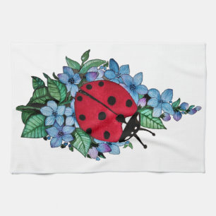Watercolor Cute Ladybird With Blue Wild Flowers Tea Towel