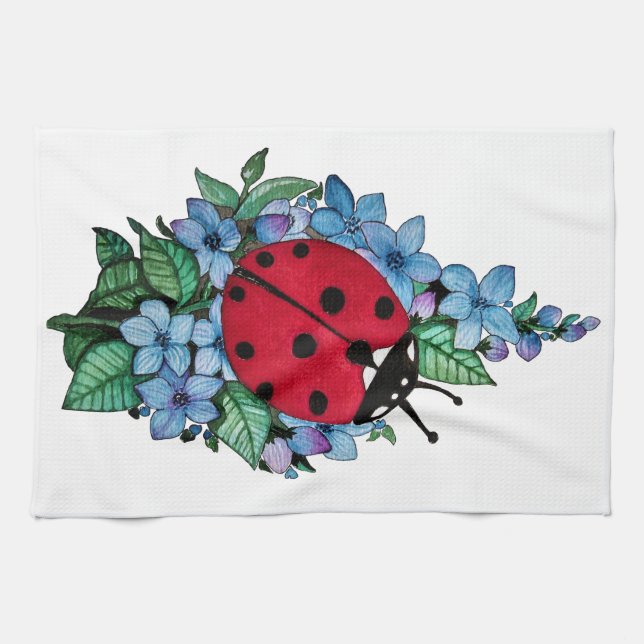 Watercolor Cute Ladybird With Blue Wild Flowers Tea Towel (Horizontal)