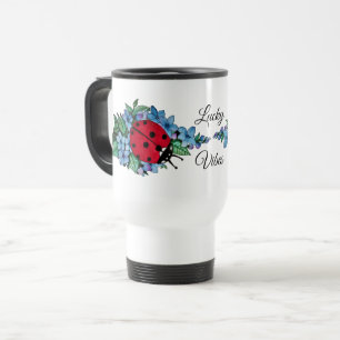 Watercolor Cute Ladybird With Blue Wild Flowers Travel Mug