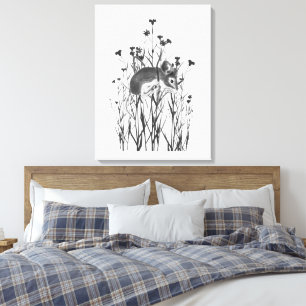 Watercolor Cute Little Mouse Hanging in on Flowers Canvas Print