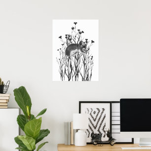 Watercolor Cute Little Mouse Hanging in on Flowers Poster
