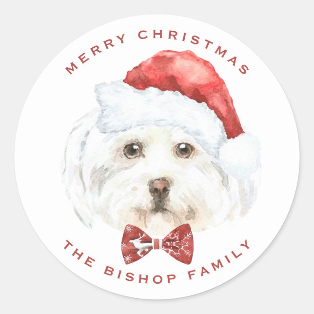 Watercolor Cute Maltese Santa Merry Christmas Classic Round Sticker (Front)