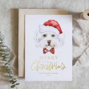 Watercolor Cute Maltese Santa Merry Christmas Foil Holiday Card