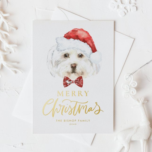 Watercolor Cute Maltese Santa Merry Christmas Foil Holiday Postcard (Creator Uploaded)