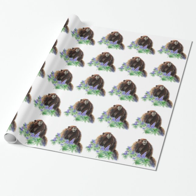 Watercolor Cute Marmot Animal Nature Art Wrapping Paper (Unrolled)