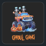 Watercolor Cute Monster Truck Skeletons Halloween Square Sticker<br><div class="desc">Unleash the “Ghoul Gang” charm with these spook-tacular personalised printed stickers! Perfect for kids’ Halloween parties or Halloween birthdays, these stickers feature a fun, modern design with skeletons riding a monster truck, surrounded by jack o’ lanterns, bats, and a full moon. The playful script typography and vibrant orange and black...</div>
