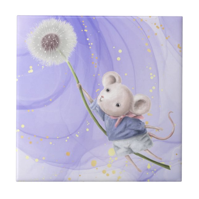 Watercolor Cute Mouse Flying Dandelion Art Tile (Front)